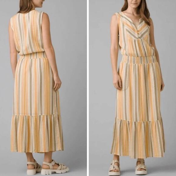 Prana California Dreaming Maxi Dress Size Large Vacation Peasant Resort Smocked - Picture 1 of 15